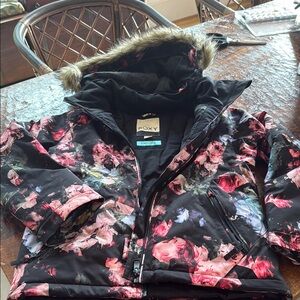 Roxy Kids Puffer Jacket - Black and Pink Floral
